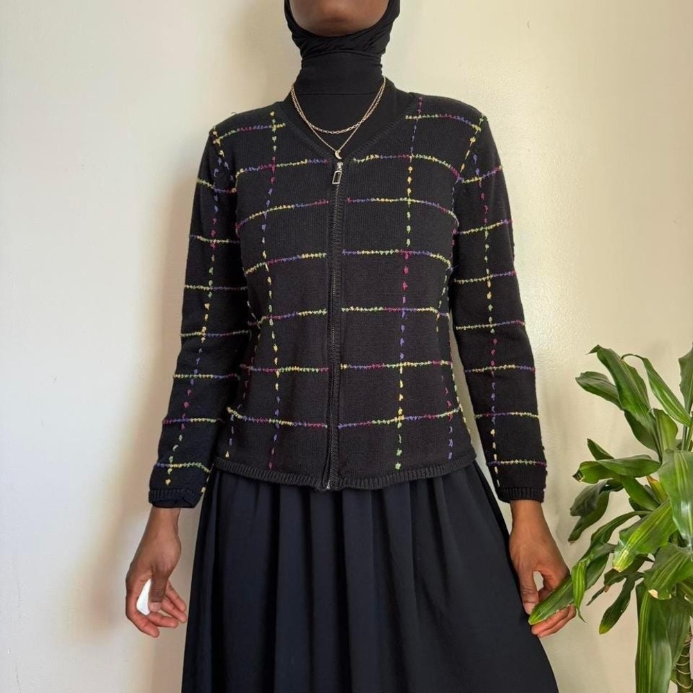 Vintage Christopher & Banks Hand-Embroidered Rainbow‎ Grid Zip-Up Cardigan XL